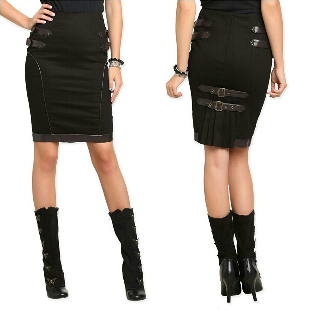 Black Pencil Skirt Pleats & Steampunk Belt Detail
